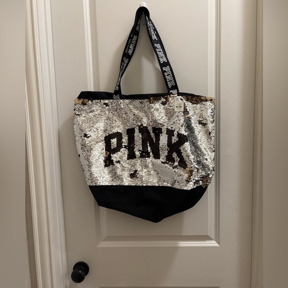 NWT Pink By Victoria Secret 20”x12” Tote Bag Purse Silver/gold Sequins - Picture 1 of 5